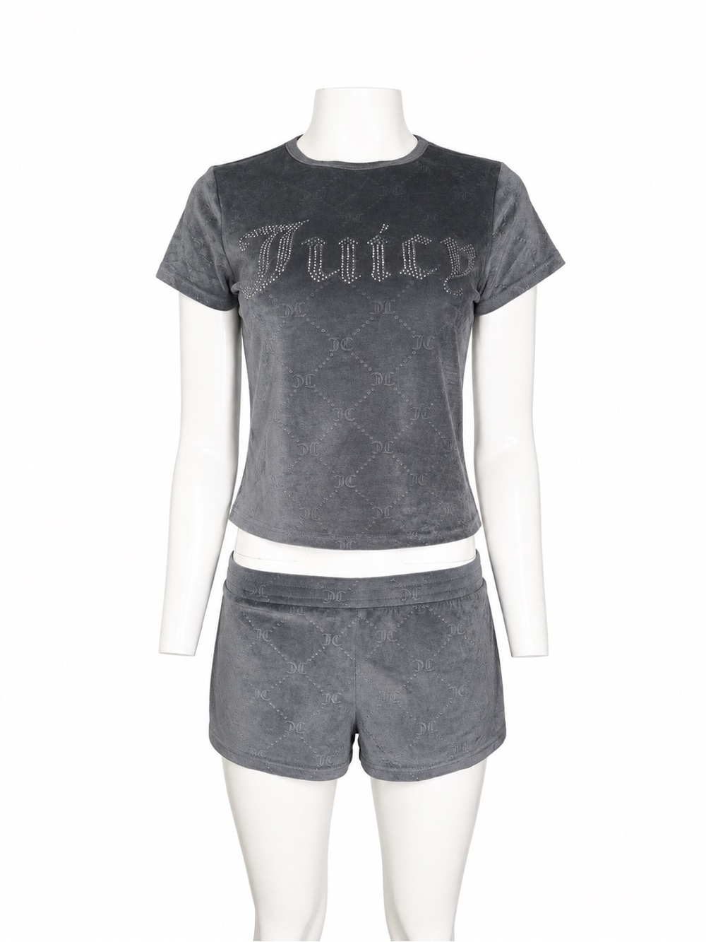 Juicy Couture Women’s S Gray Velour Rhinestone Top Shorts Sleepwear Set